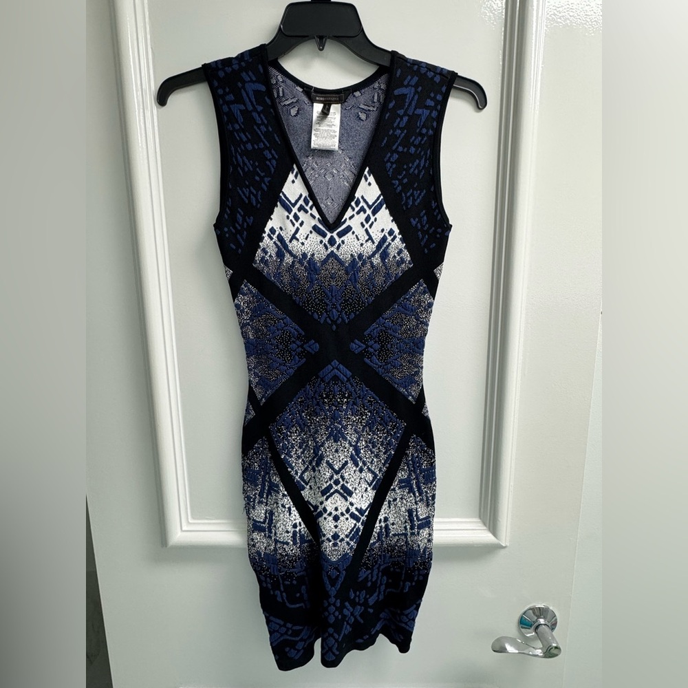 BCBGMaxAzria Blue and Black Geometric Mini Dress Size XS
